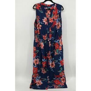 Talbots Petites Navy Blue Floral Sleeveless Button Maxi Dress 16WP Colorful Boho